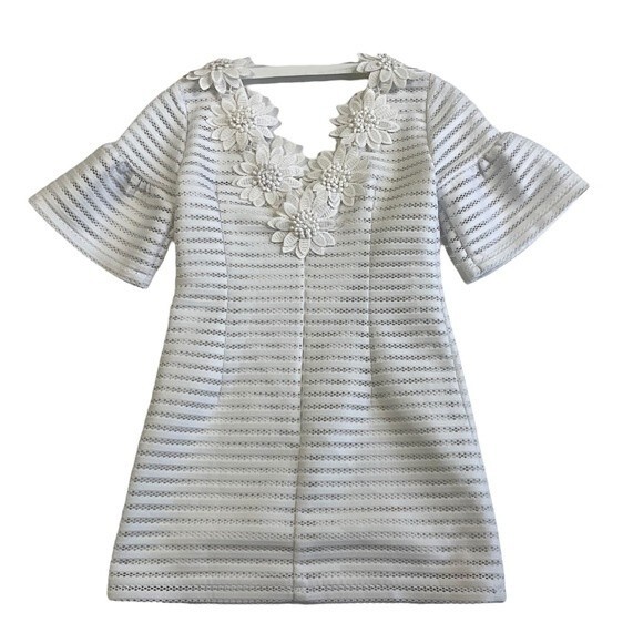 Nanette Lepore Daisy Embroidered Stripe Mini Dress Bridal White Bell Sleeve US 2 - Picture 2 of 7